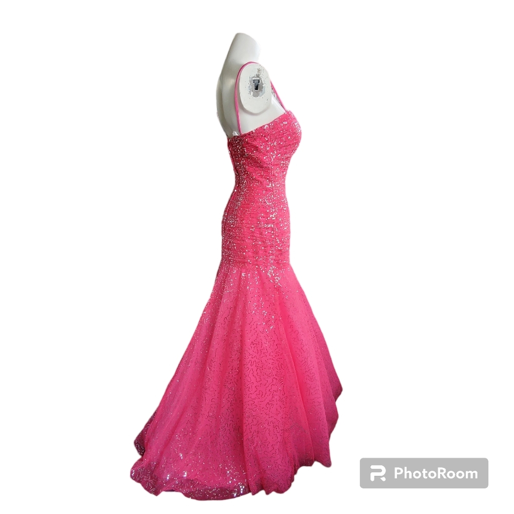 Tiffany Designs Pink Chiffon Sequined Rhinestones Mermaid Pageant / Prom Dress